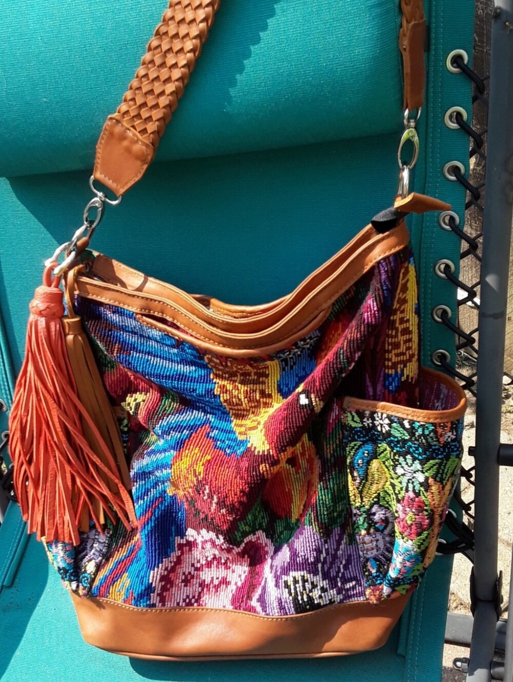 Tropical Parrots Woven Tote with Tan Leather Trim